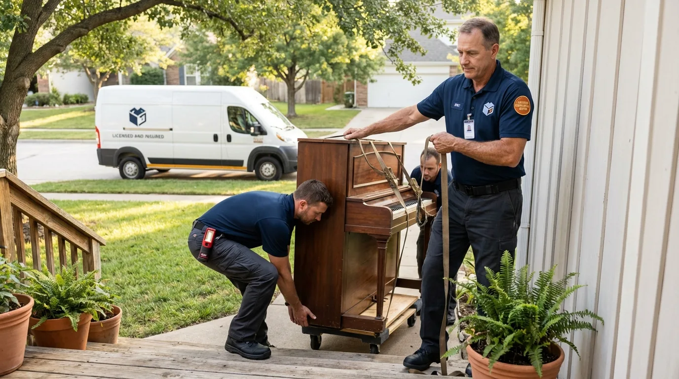 Licensed piano movers securing grand piano in Hamilton, TX