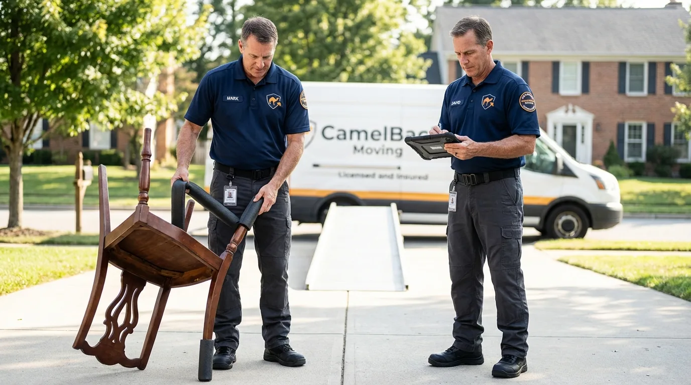 Movers inspecting furniture for damage prevention before loading in Hamilton, TX