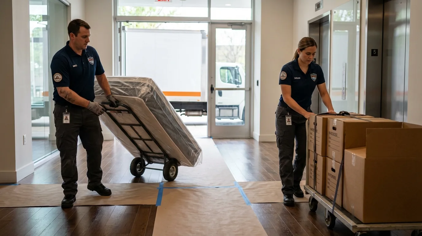 Professional apartment movers loading elevator in Hamilton, TX