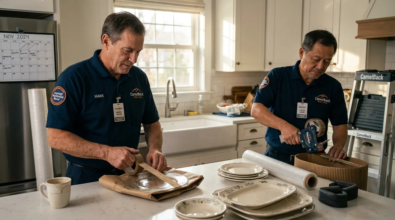 Professional crew packing kitchen dishware in Hamilton, TX